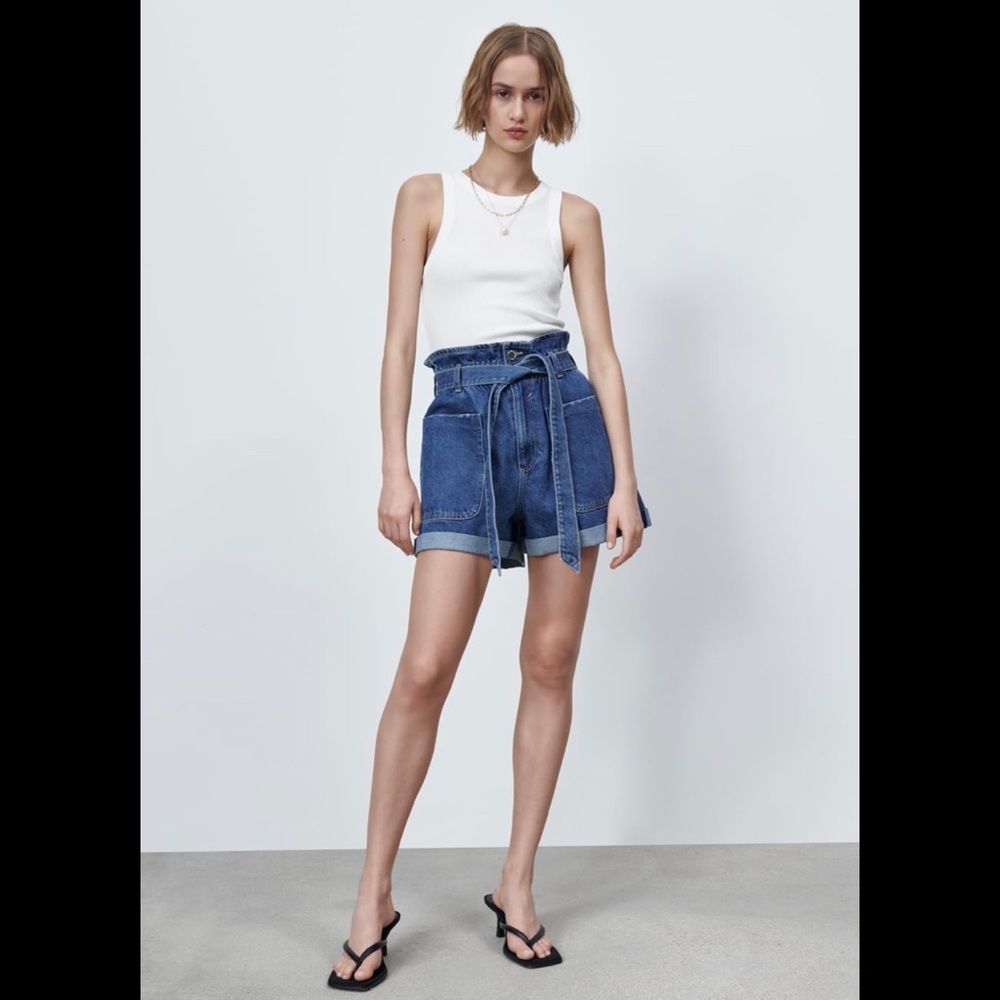 Zara Paper Bag Waist Denim Shorts
